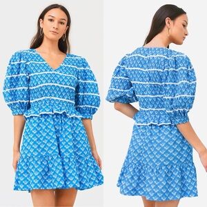 SEA NEW YORK • Annika smocked mini dress puff sleeves blue size M